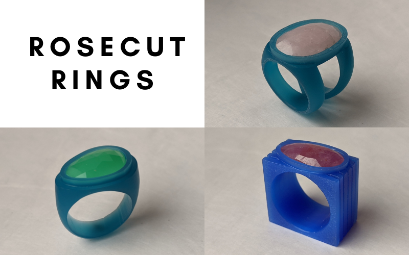 Rosecut rings: split shank ring with an oval morganite, ring with a freeform oval/triangle chrysophrase, square ring with an oval sapphire. Sapphrie ring is in blue wax, the other two in turquoise wax 