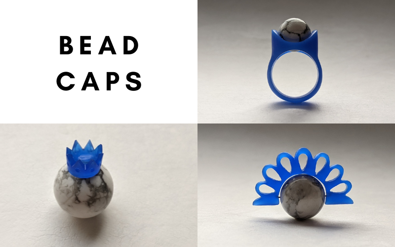 Bead caps: ring with a bead in its centre, bead with a crown shaped beadcap and bead with a fan like half circle around it. Beads are howlite and all pieces made from wax