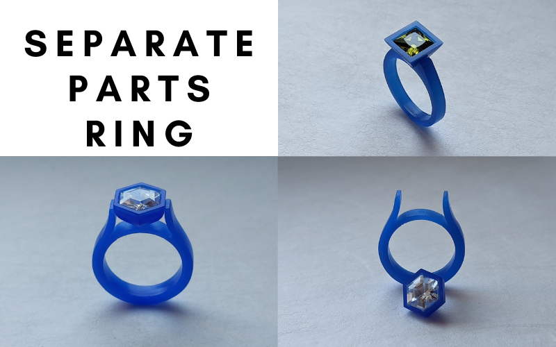 Separate parts ring: ring with a square setting, ring with a hexagon setting and ring with the hexagon setting in front of it. Rings are made from blue wax, stones are cubic zirkonias0