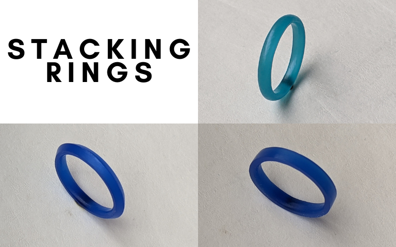 Stacking Rings: court shaped ring from turquoise wax, knife edge ring and flat ring from blue wax