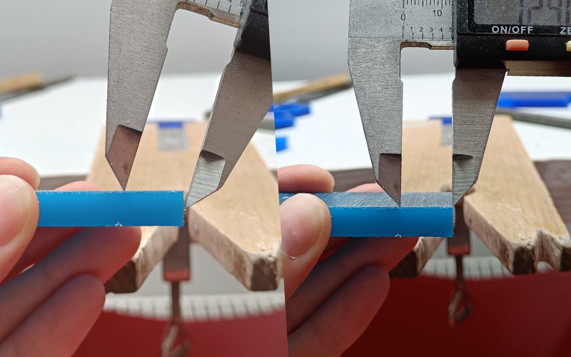 2 photos of scribe measuring a piece of wax. Left photo callipers are angled, right photo callipers are straight.