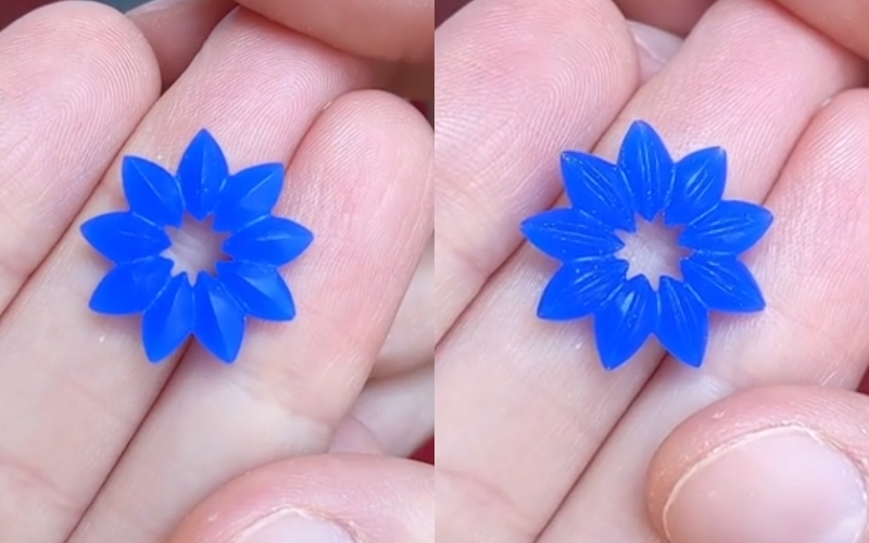 2 side by side photos of the same piece. Left shows one side where the petals are filed into a point over the middle. Right shows the other side with a groove filed over the middle. 