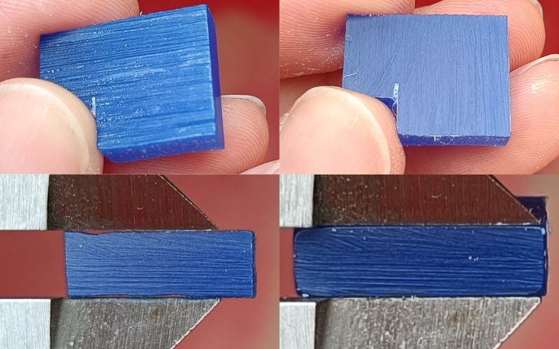 collage of 4 photos. top left unfiled piece of wax, bottom left that piece is measured, you can see it's measuring from the high points and gaps are visible. Top right same piece filed, bottom right that opiece is measured, now it's touching the entire surface and measures accurately 
