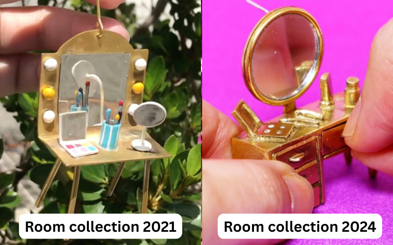 Side by side photos of a similar piece 3 years apart. Left a make up vanity made from sheet and wire brass. Make up added on top of the vanity from colurful polymer clay. Right a similar vanity in brass made through wax carving. The piece is more substantial and has drawers added