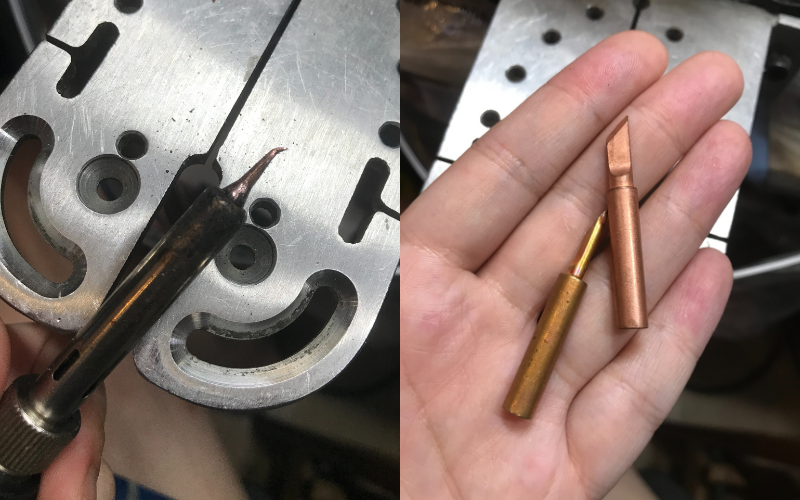 Side by side photos. Left close up of a bench beg with a soldering iron. Right close up of hand holding 2 different soldering iron tips, one thin and one wide