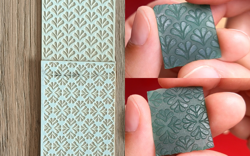 2 laser etched texture papers with a close up of the print on green and pink sheet wax next to it 