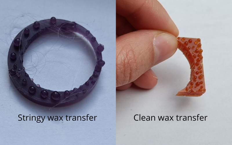 Very stringy purple wax granulation and clean granulation in orange wax