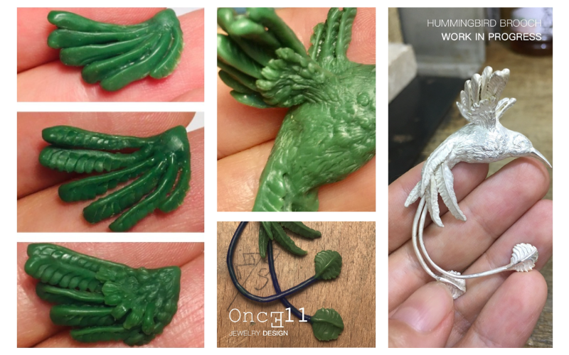 collage of different stages of making a hummingbird. Left 3 photos with different stages of the wing progression in green injection wax. From top to bottom the wing gets more detailed and articulated. Middle wings attached to the body and small peek at the tail made from wire and green injection wax. Right finished hummingbird casting in silver on a hand.