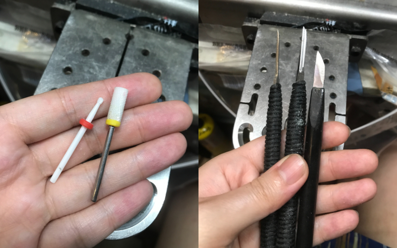 Side by side photos. Left close up of hand holding ceramic burrs used for nails. Right close up of hand holding 3 carving tools with different blades used for wood carving