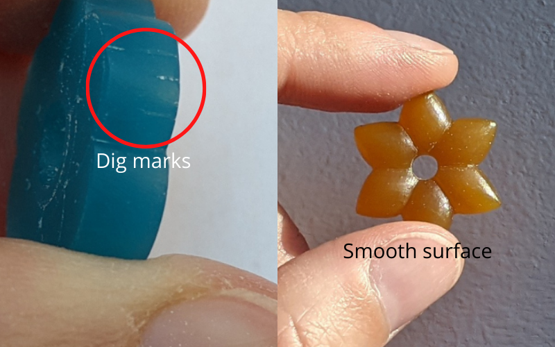 Turquoise wax with dig marks from needle file, WOlf gold wax smooth surface from needle files
