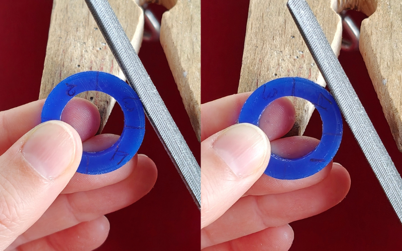 2 side by side photos. Left close up of hands holding a blue wax ring, left thumb holding the ring is covering section 1, the file is against section 3, reft close up of hands holding a blue wax ring, left thumb holding the ring is covering section 2, the file is against section 4