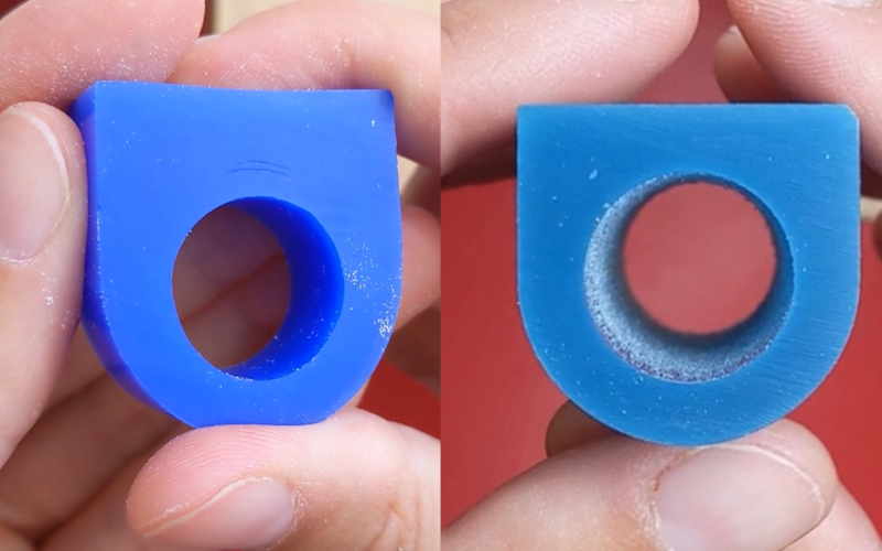 2 close up photos side by side of hands holding a piece of wax ring tube. The ring tube on the left is bigger than the one on the right.