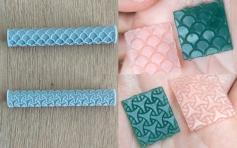 2 polymer clay texture rollers with a close up of the print on green and pink sheet wax next to it 