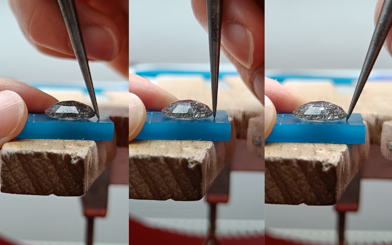 3 photos of a scribe nest to a stone on wax. Left photo scribe is angles outward, middle photo scribe is straight, right photo scribe is angled inward