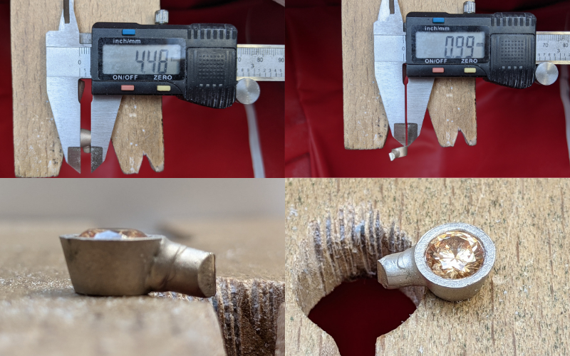 Photo collage of a wax setting with different measurements. The girdle of the stone is dropped below the surface, there is a setting wall around it, 4.48mm high and setting wall is 0.99mm 