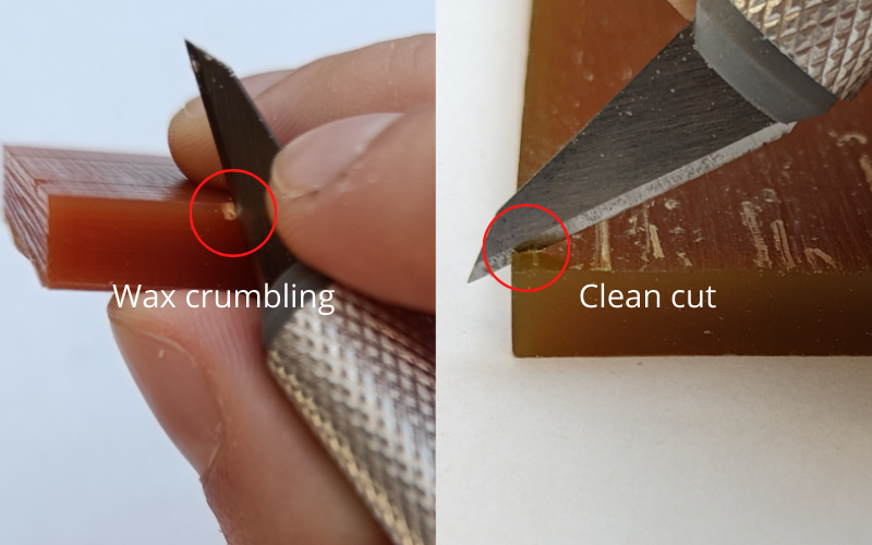 Stanley knife in orange wax with wax crumbling away next to the cut and stanley knife in gold wax, no crumbling clean cut