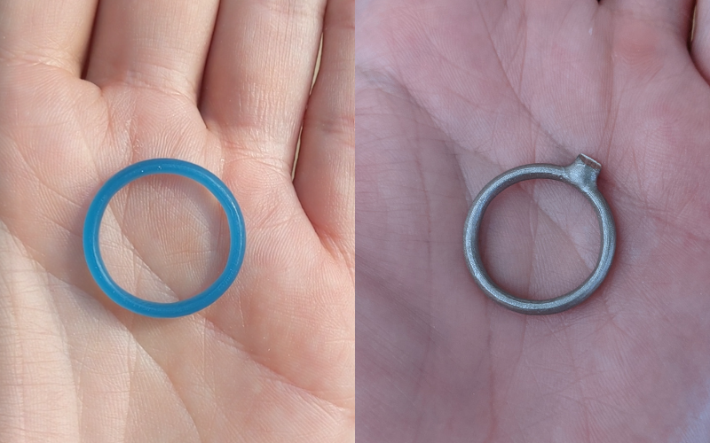 Side by side photos of a wax ring and the silver cast ring