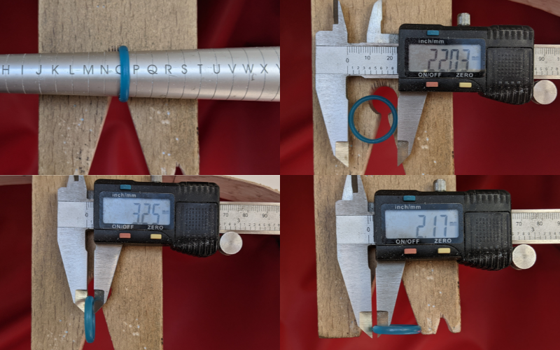 Photo collage of a wax ring and its different measurements. Ring size is slightly bigger than O, 3.25mm wide band, 2.17mm thick and 22.03mm diameter