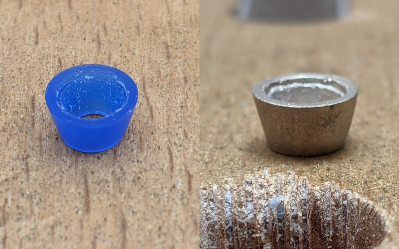 Side by side photos of a wax setting and the silver cast setting